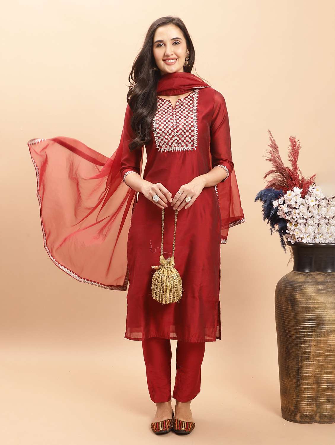 women embroidered kurta pant set with dupatta