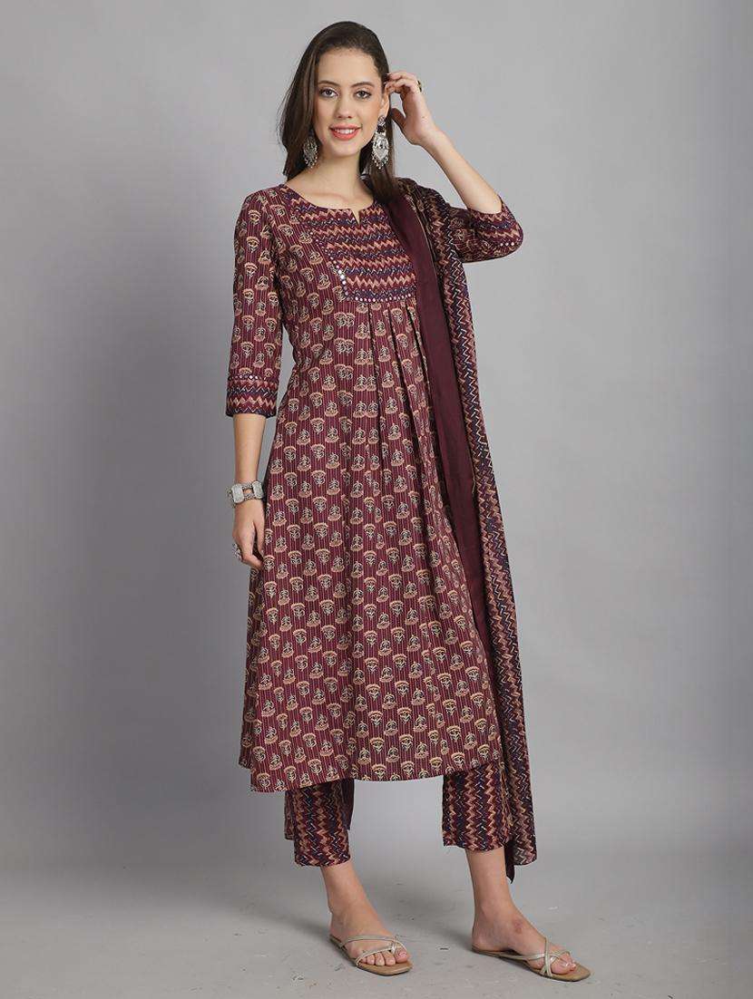 women three quarter sleeve anarkali kurta pant with dupatta set - 21558487 -  Standard Image - 2