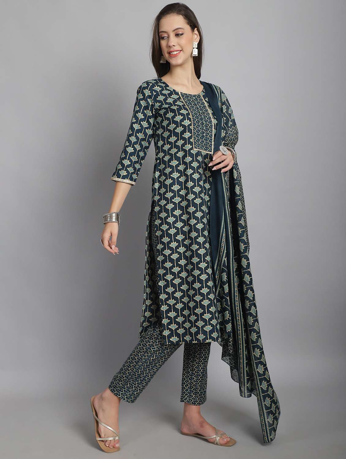 women navy blue printed kurta pant set with dupatta - 21558499 -  Standard Image - 2