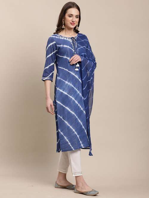 women blue tie & dye kurta pant set with dupatta - 21558577 -  Standard Image - 0