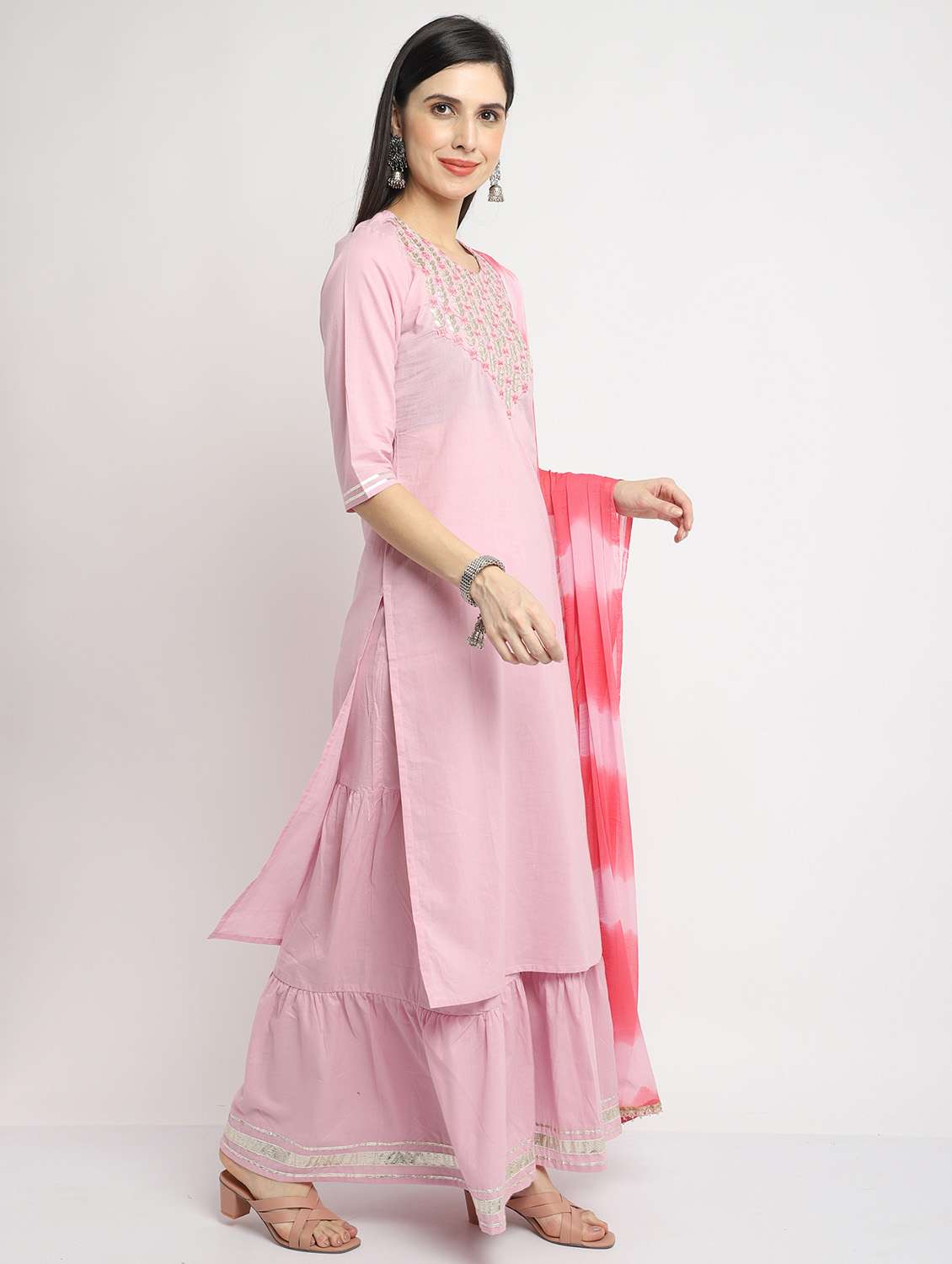 women three quarter sleeve kurta sharara with dupatta set - 21558588 - Standard Image - 2