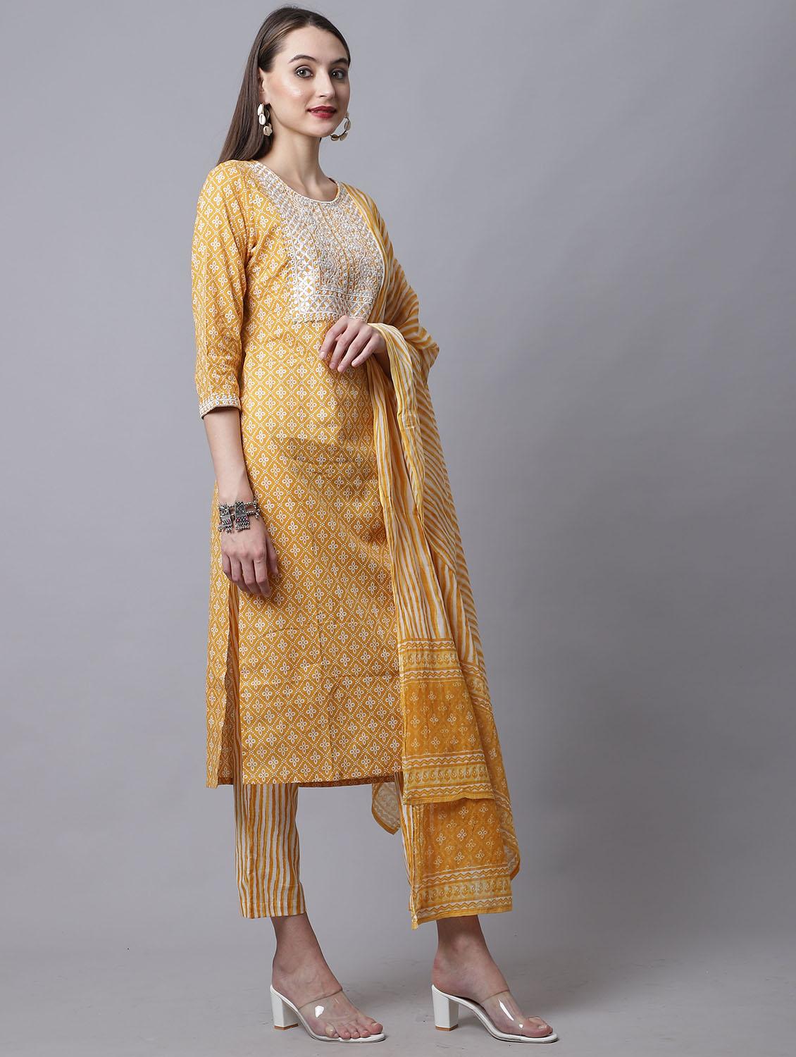 women mustard printed kurta pant set with dupatta - 21558609 - Standard Image - 2