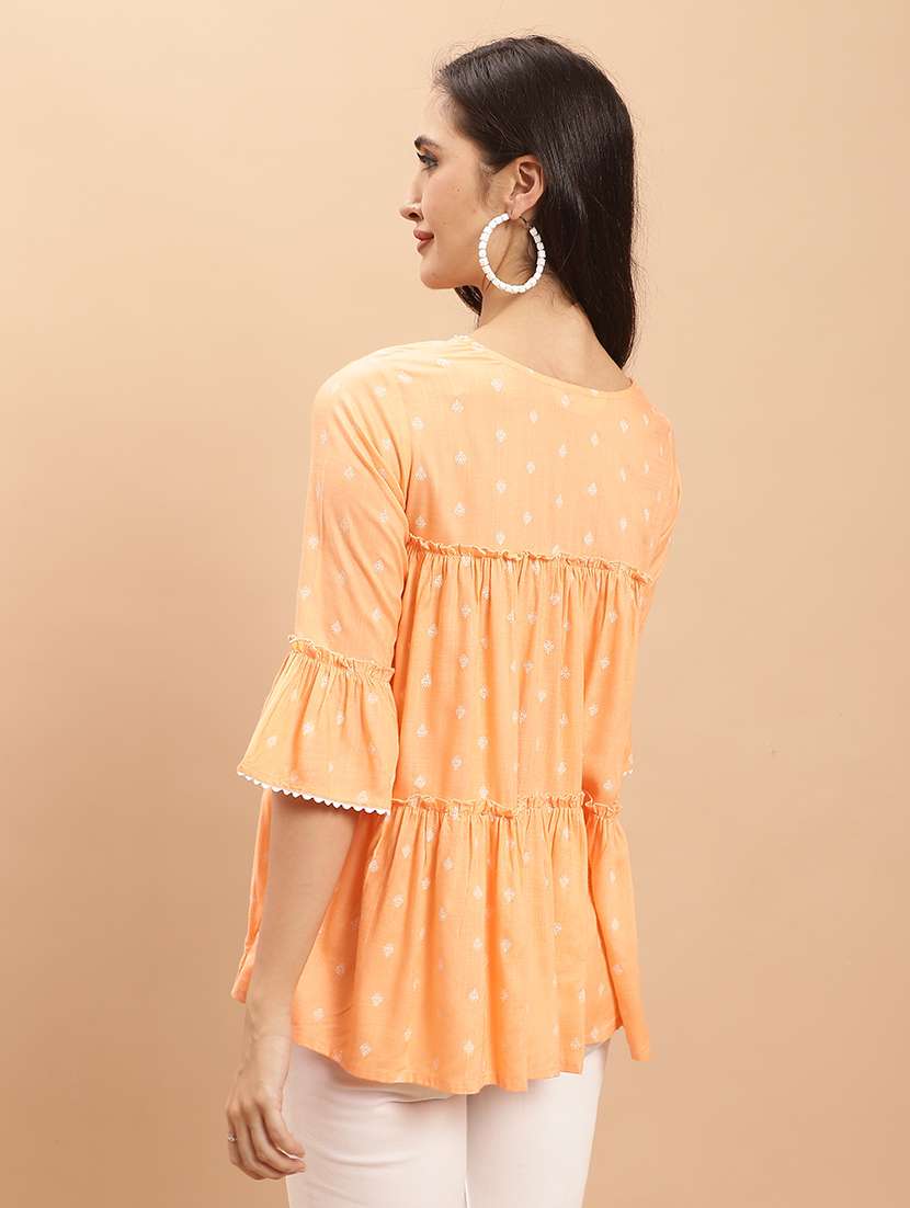 women orange printed bell sleeve tiered top - 21558642 -  Standard Image - 2