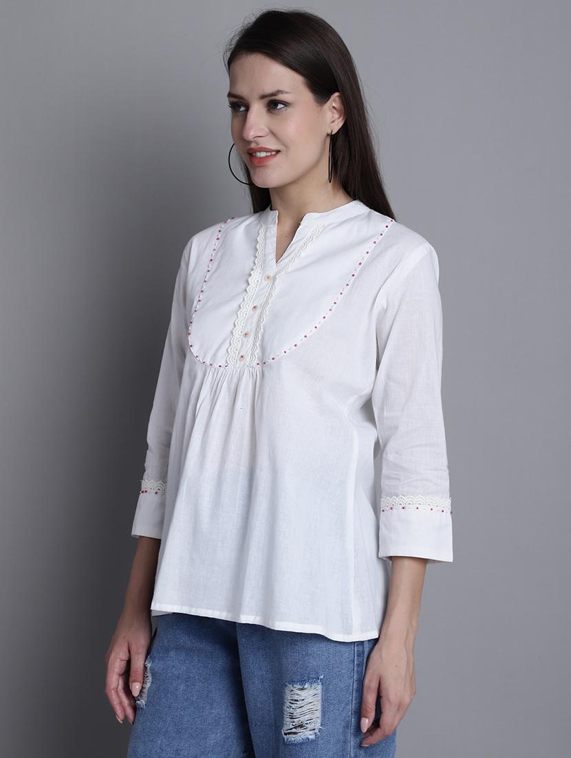 women solid three quarter sleeves ethnic top - 21558650 - Standard Image - 2