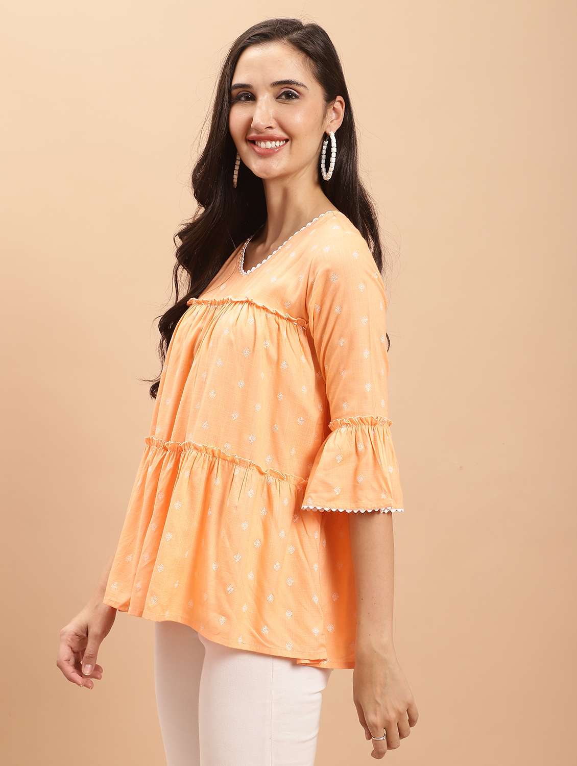 women orange printed bell sleeves tiered top - 21558656 -  Standard Image - 2