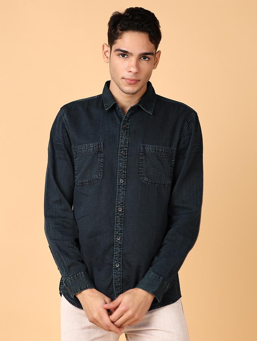 men solid blue denim casual shirt