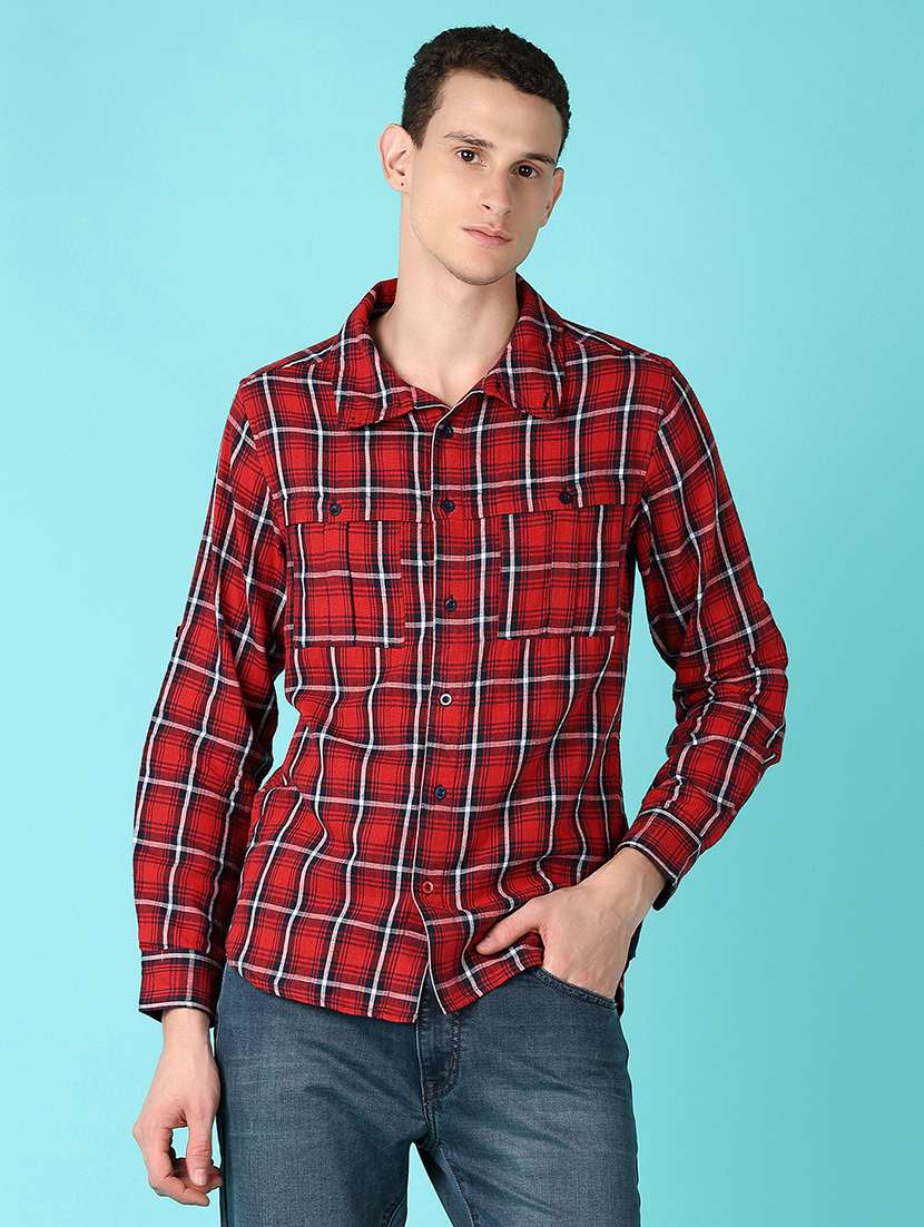men long sleeves checkered casual shirt