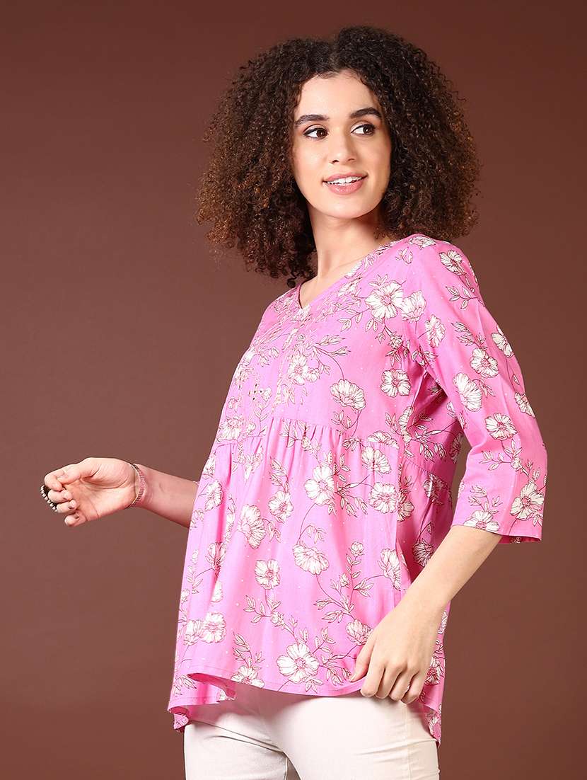women pink floral printed flared top - 21558805 -  Standard Image - 2
