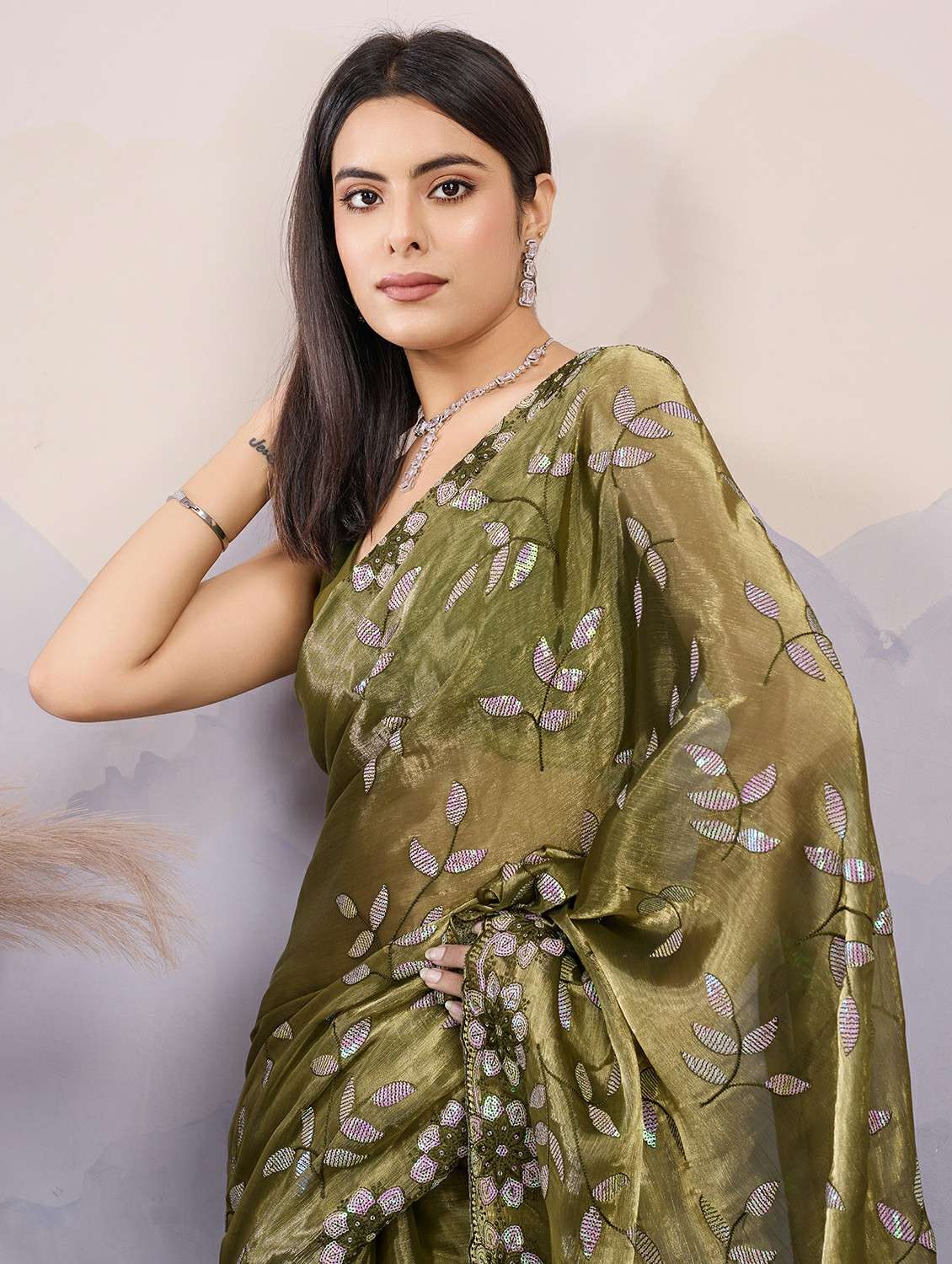 women olive embroidered saree with blouse - 21559090 -  Standard Image - 2
