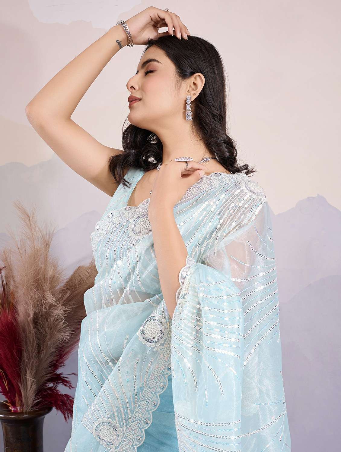 women light blue embroidered saree with blouse - 21559097 - Standard Image - 2