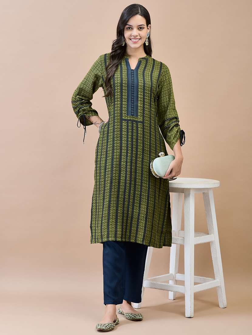 women olive printed straight kurta
