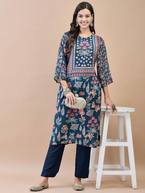 women blue printed straight kurta - 21559340 -  Standard Image - 0