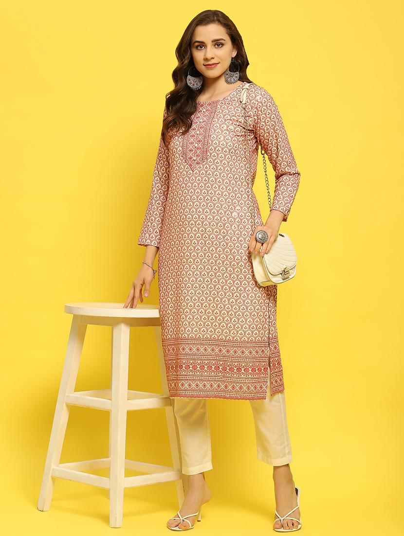 women peach solid with work straight kurta - 21559344 - Zoom Image - 0