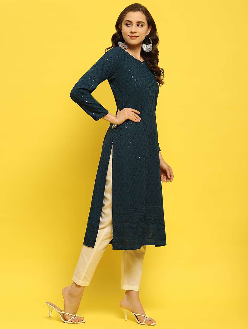 women teal solid with work straight kurta - 21559346 -  Standard Image - 2