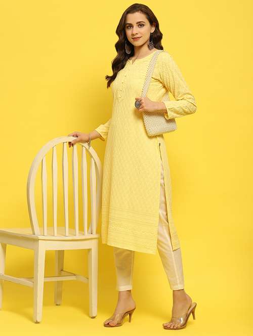 women yellow solid with work straight kurta - 21559347 -  Standard Image - 0