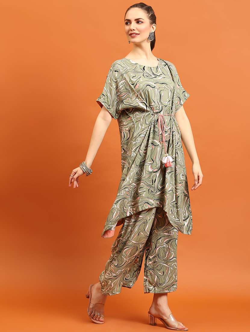 women printed round neck kaftan set - 21559357 - Standard Image - 2