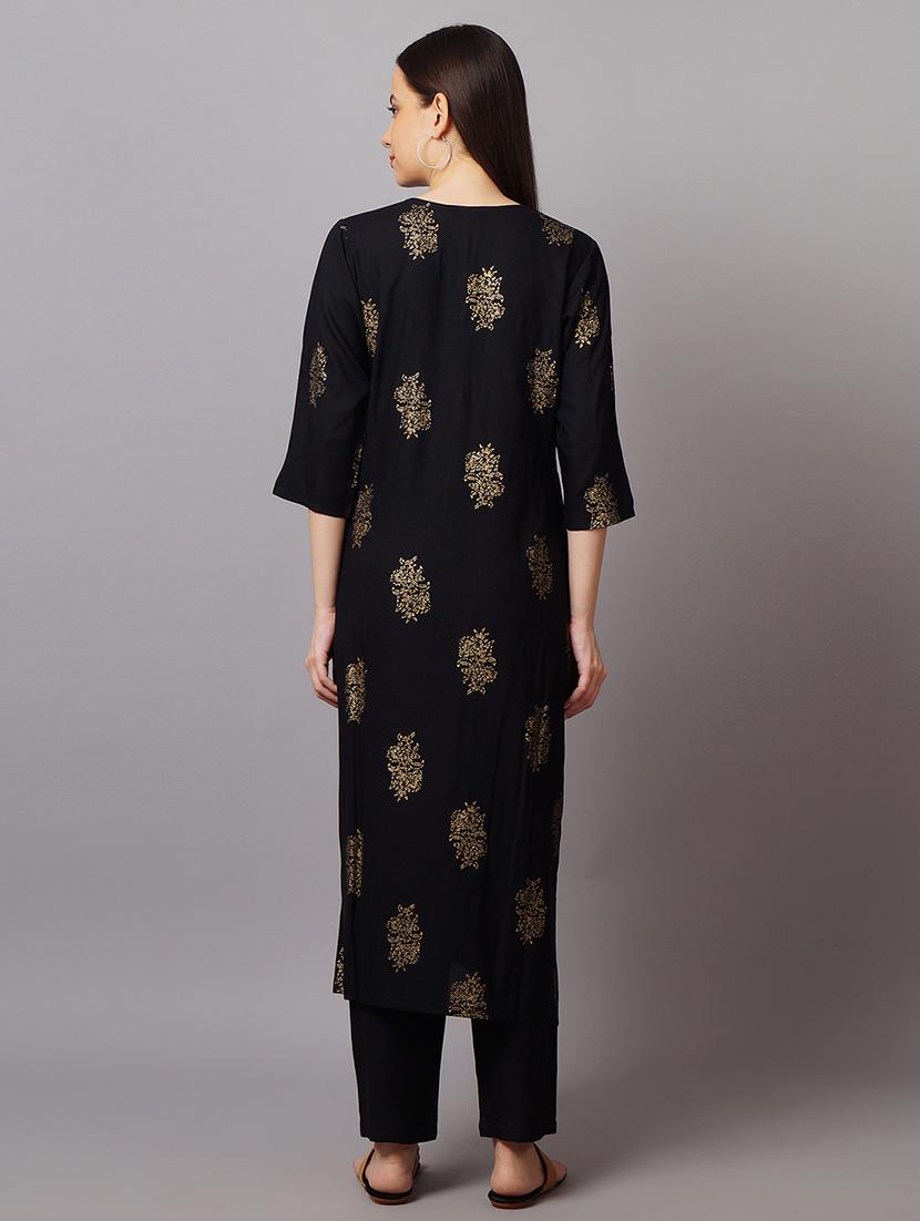 women black foil printed kurta pant set - 21559395 - Standard Image - 2