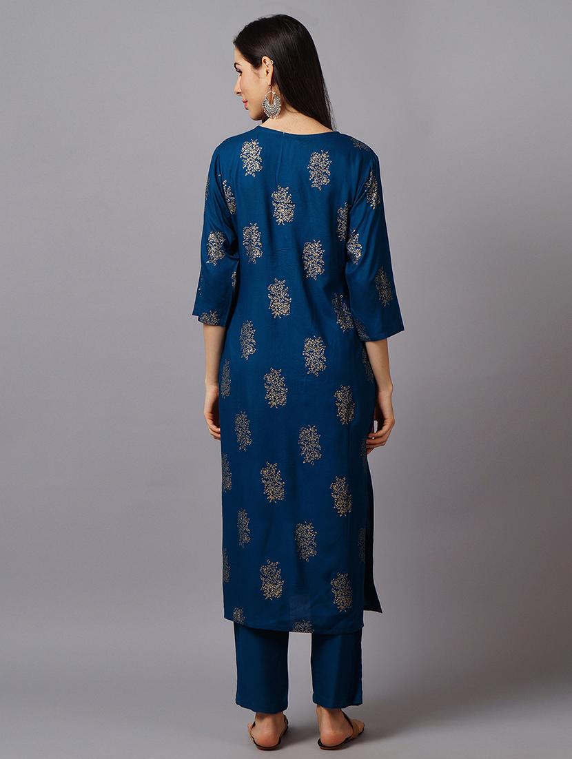 women foil printed three quarter sleeves kurta pant set - 21559396 - Standard Image - 2