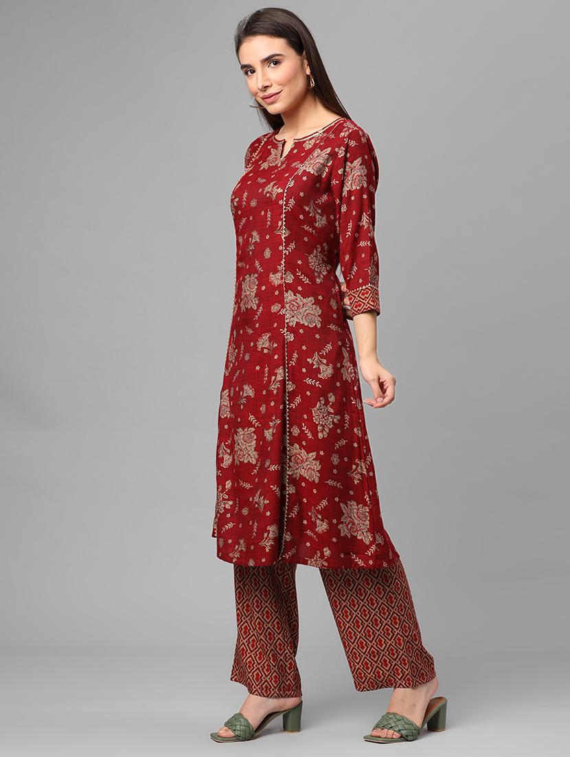 women maroon floral kurta pant set - 21559426 - Standard Image - 2