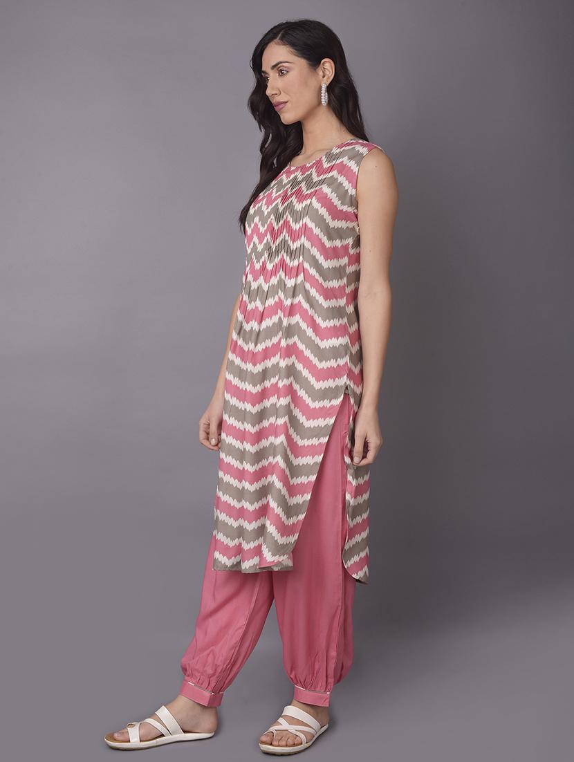 women pink chevron printed kurta salwar set - 21559440 - Standard Image - 2