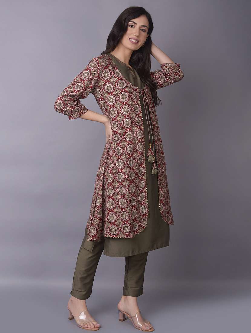 women olive solid kurta pant set with long shrug - 21559483 -  Standard Image - 2