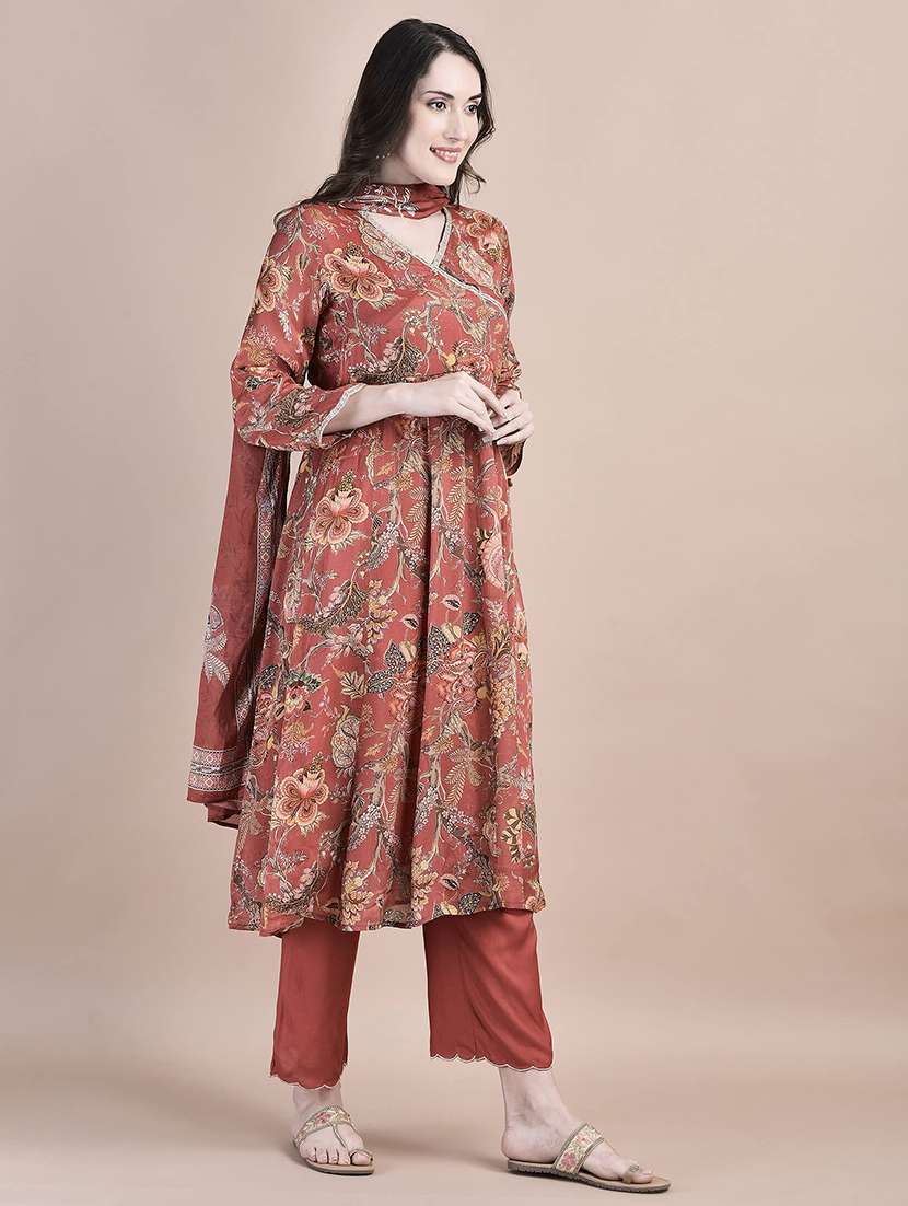women rust long sleeve anarkali kurta pant with dupatta set - 21559600 -  Standard Image - 2