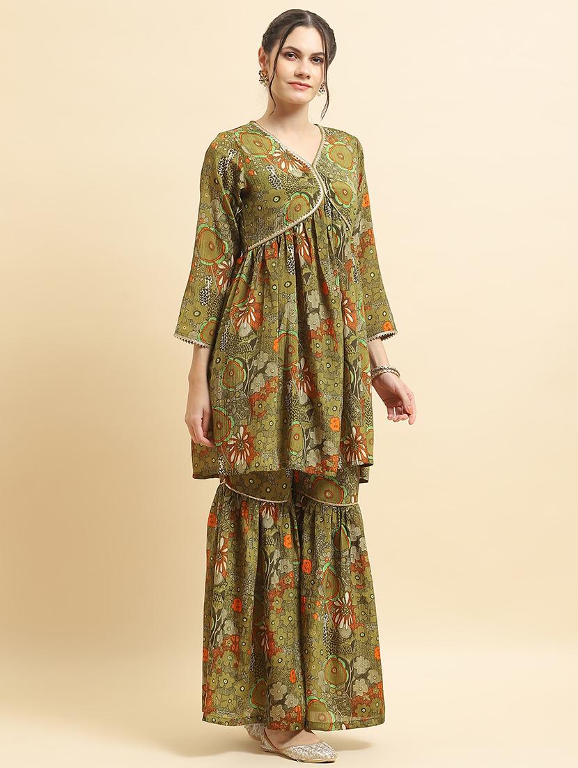 women three quarter sleeve kurta sharara with dupatta set - 21559610 - Standard Image - 2