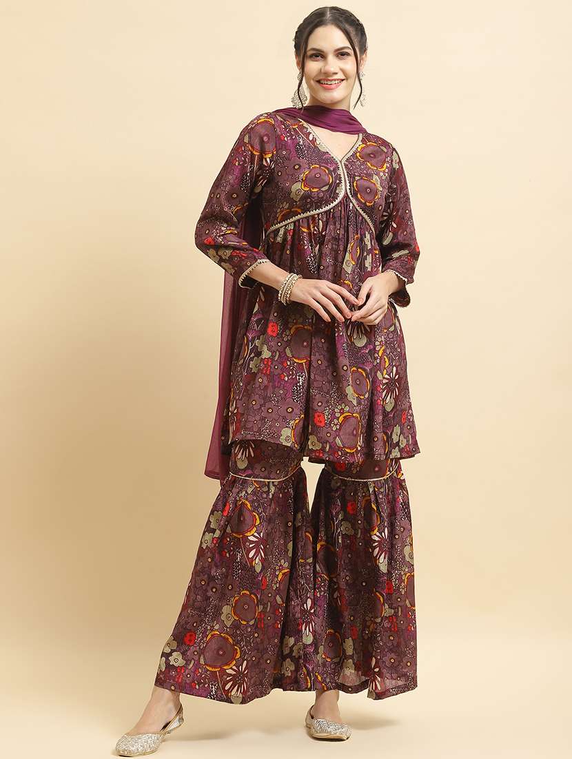 women red floral printed kurta sharara set