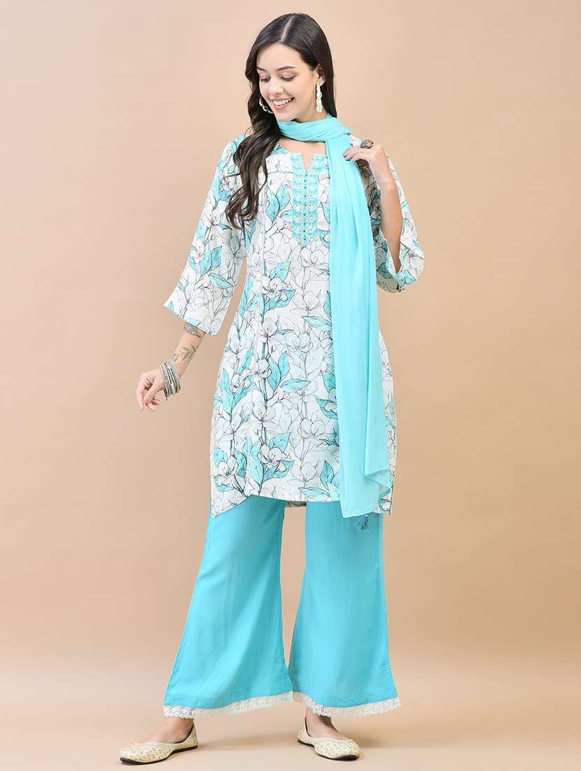 women three quarter sleeve kurta palazzo with dupatta set - 21559623 - Standard Image - 2