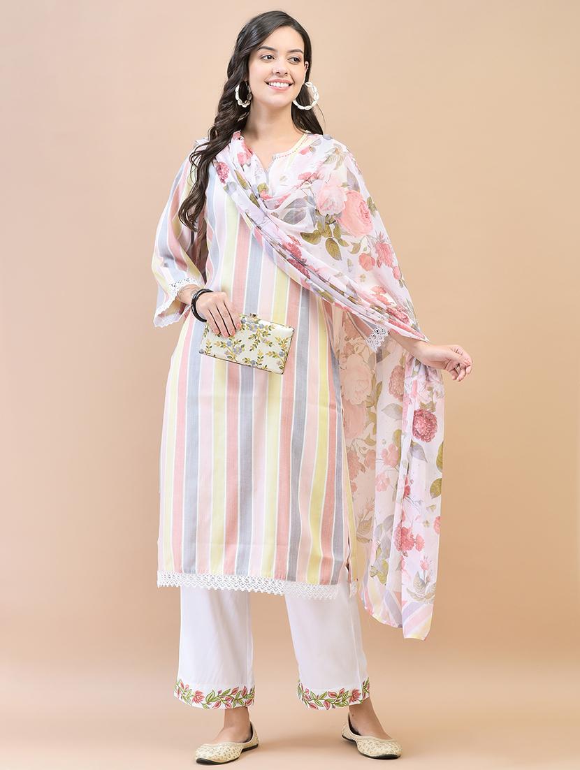 women stripes kurta pant with dupatta set - 21559625 -  Zoom Image - 0