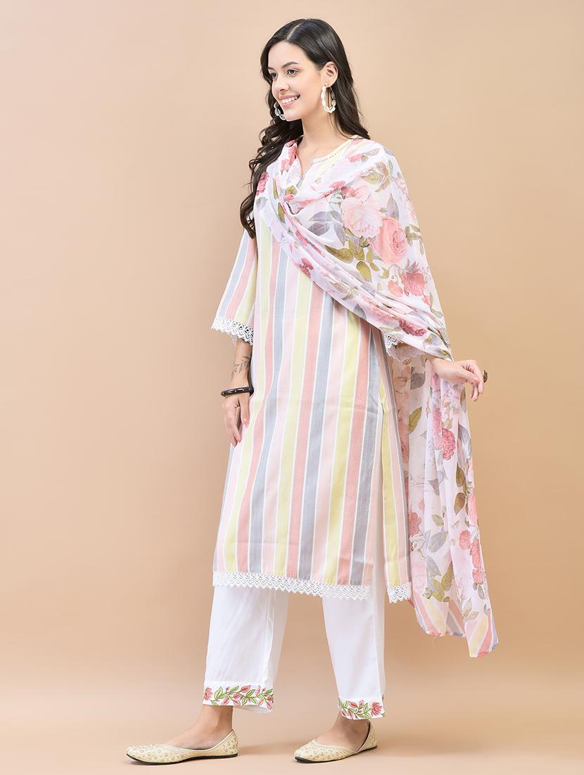 women stripes kurta pant with dupatta set - 21559625 - Standard Image - 2