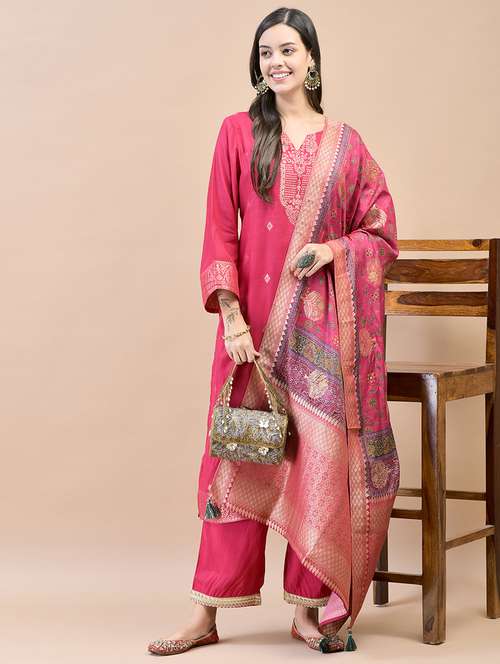 women pink self design kurta pant set with dupatta - 21559638 -  Standard Image - 0