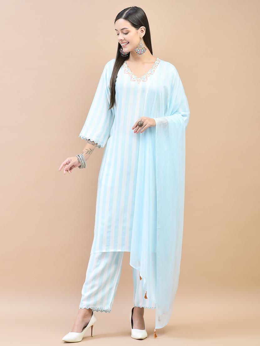 women striped three quarter sleeve suit set - 21559640 - Standard Image - 2