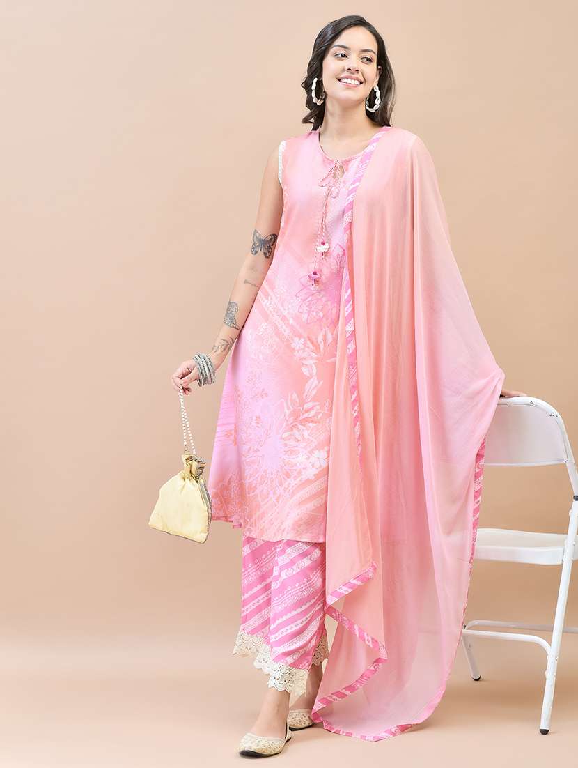 women pink sleeveless kurta pant with dupatta set