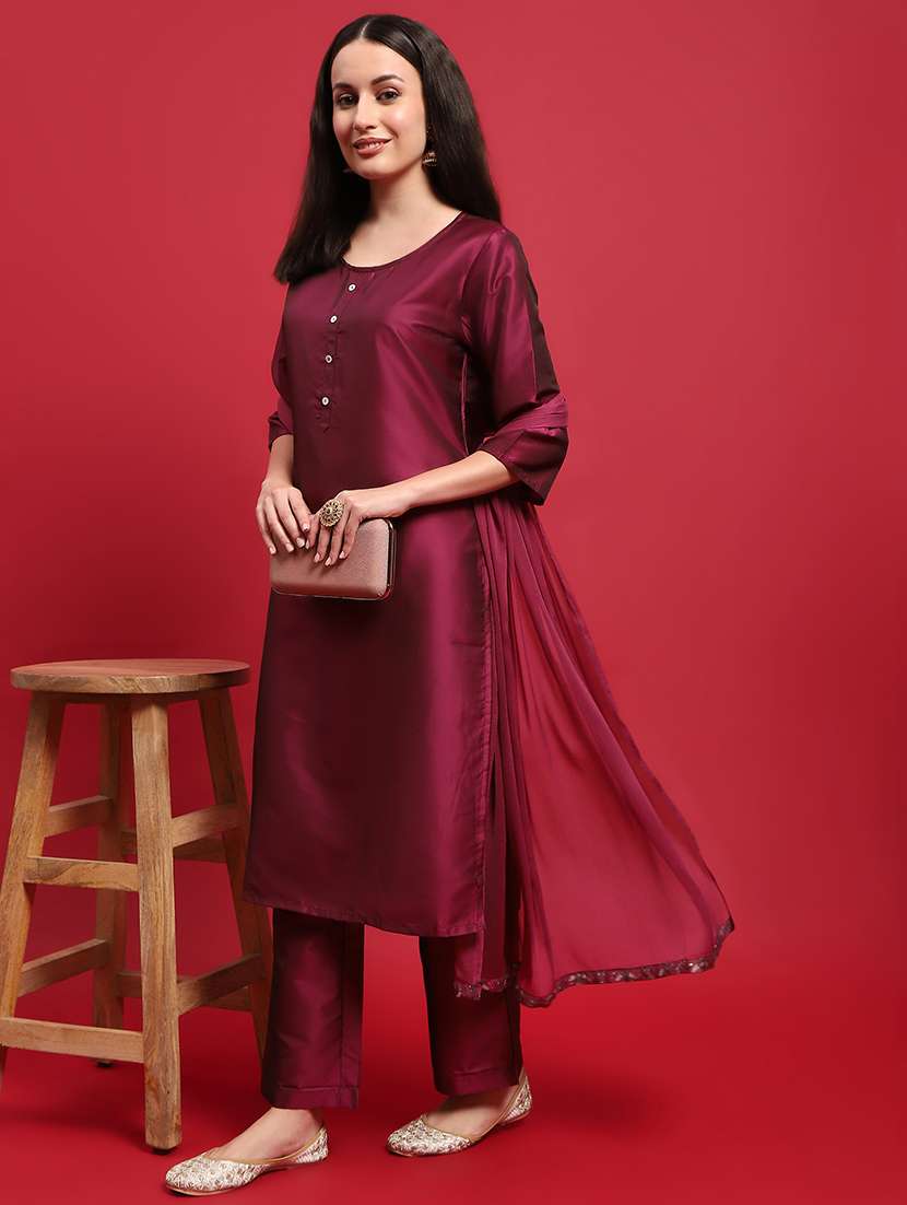 women three quarter sleeve kurta palazzo with dupatta set