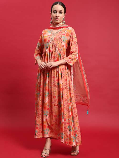women printed three quarter sleeves kurta dupatta set - 21559658 -  Standard Image - 0