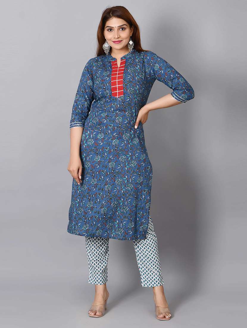 women blue floral printed kurta pant set