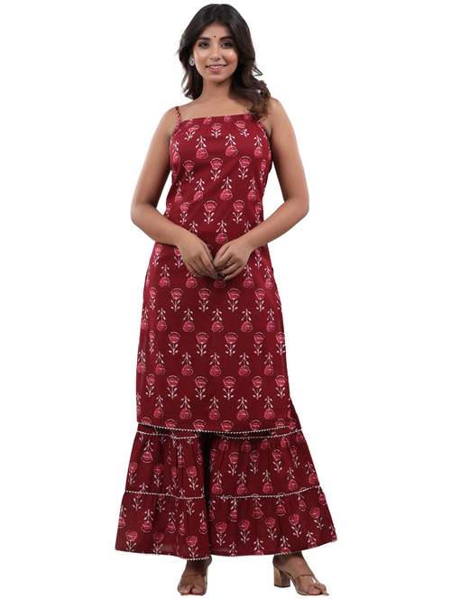 women maroon floral printed kurta sharara set