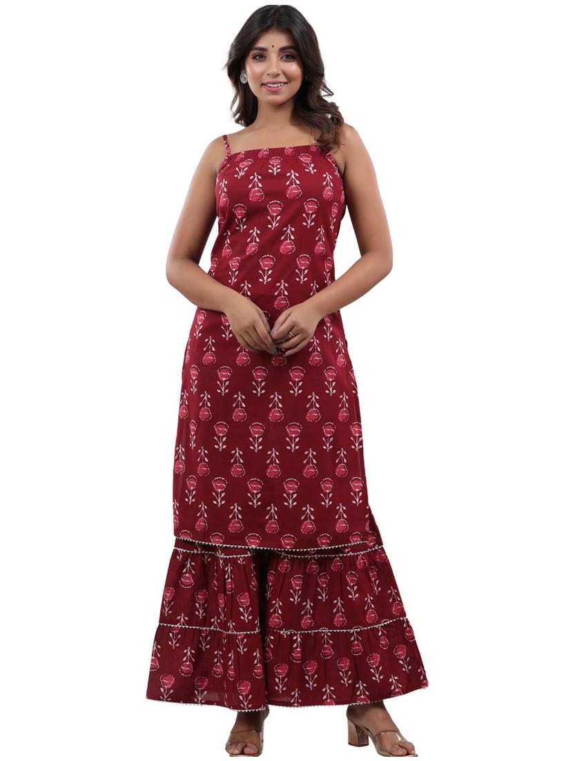 women maroon floral printed kurta sharara set