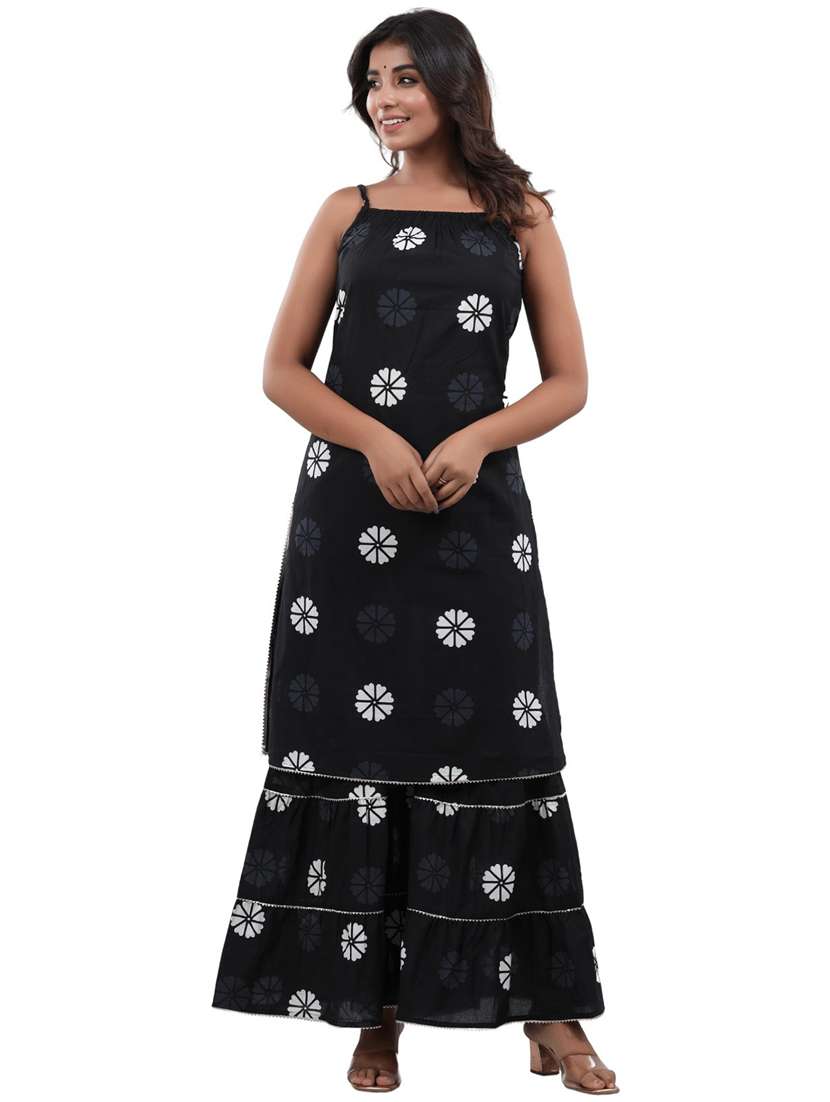 women printed sleeveless kurta sharara set