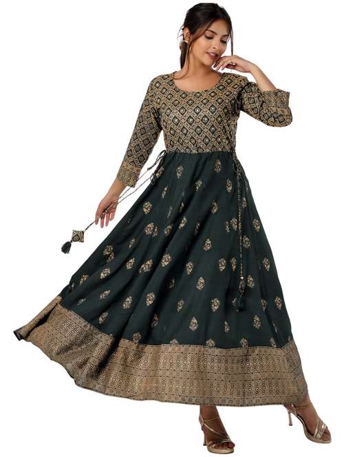women bottle green foil printed anarkali kurta - 21559823 -  Standard Image - 0
