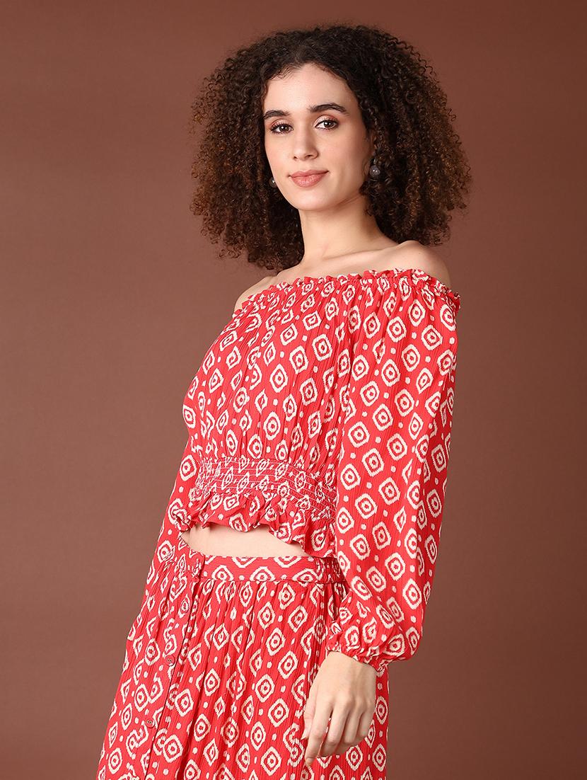 women red printed puff sleeve crop top - 21561307 - Standard Image - 2