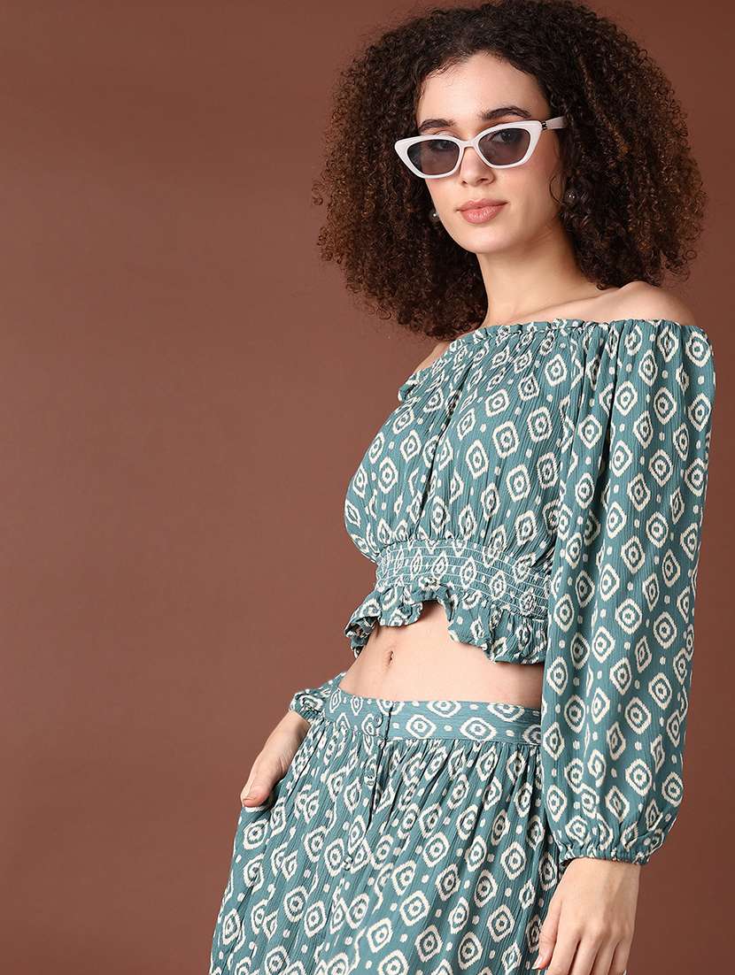 women teal printed puff sleeve crop top - 21561308 -  Standard Image - 2