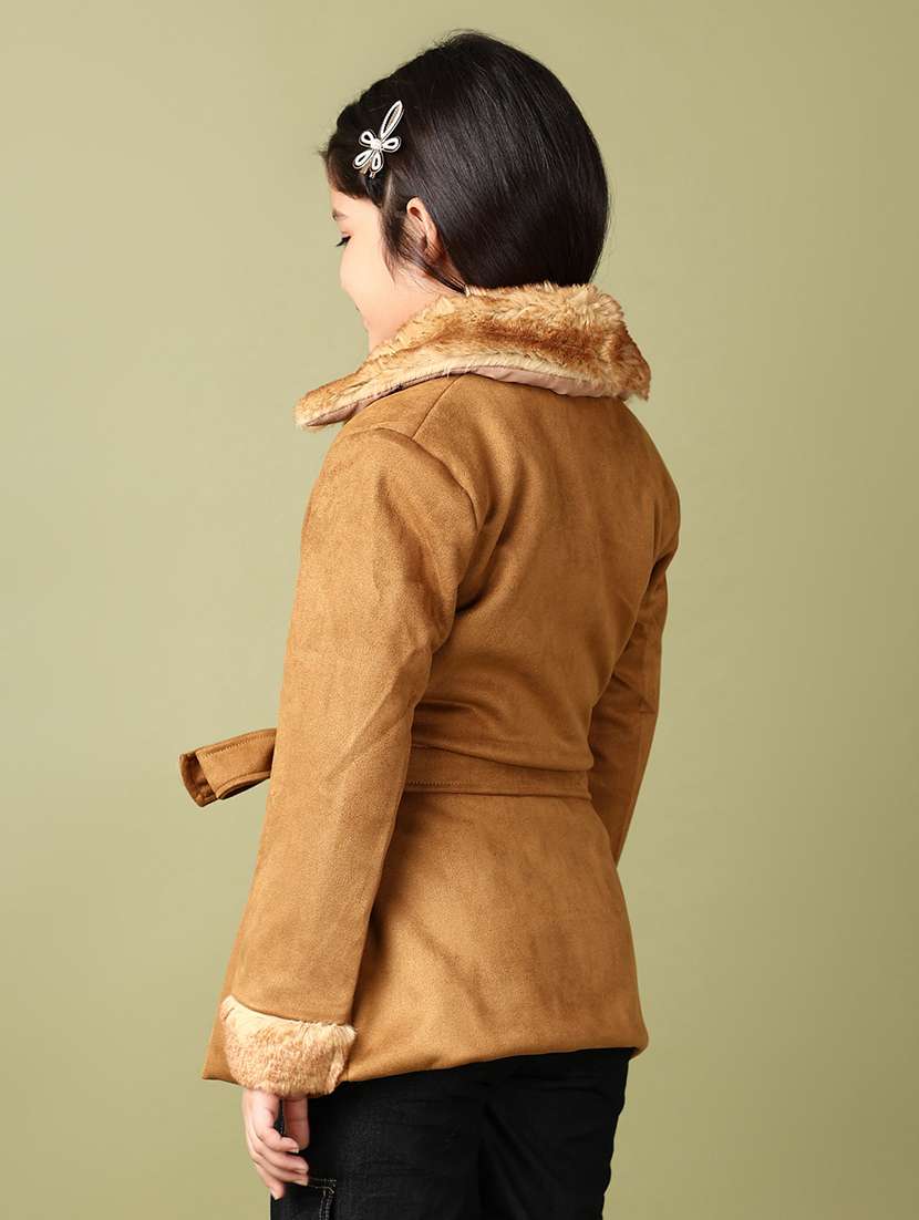 girls brown solid long sleeve trench coat - 21561349 - Standard Image - 2