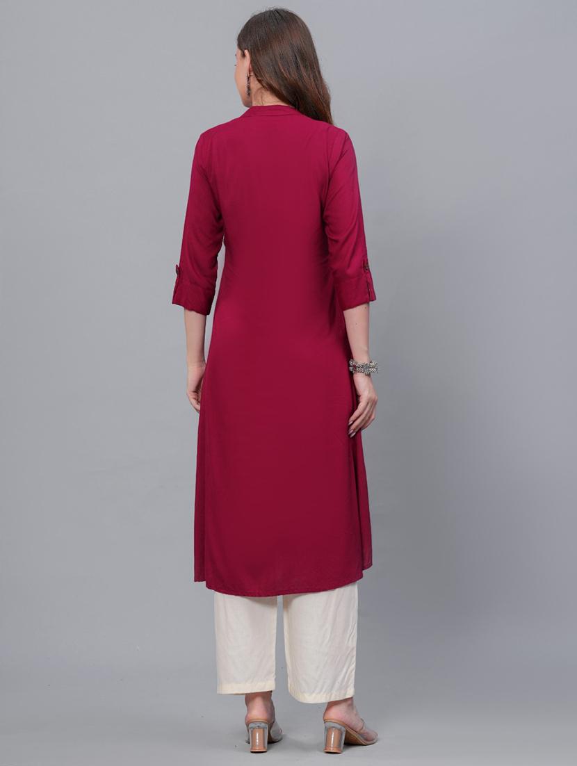 women maroon mandarin neck kurta palazzo set - 21561615 - Standard Image - 2