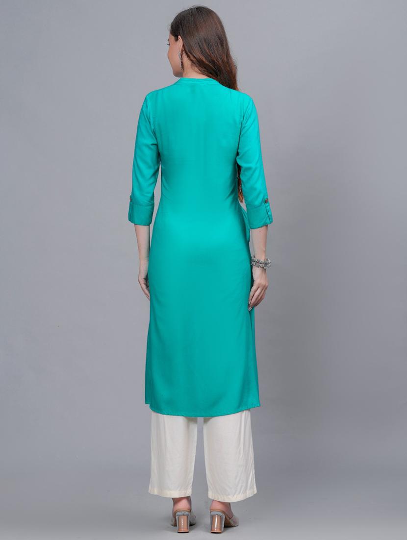 women turquoise mandarin neck kurta palazzo set - 21561635 - Standard Image - 2