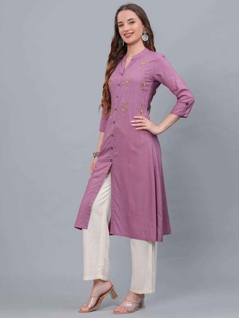 women purple mandarin neck kurta palazzo set - 21561655 - Standard Image - 2