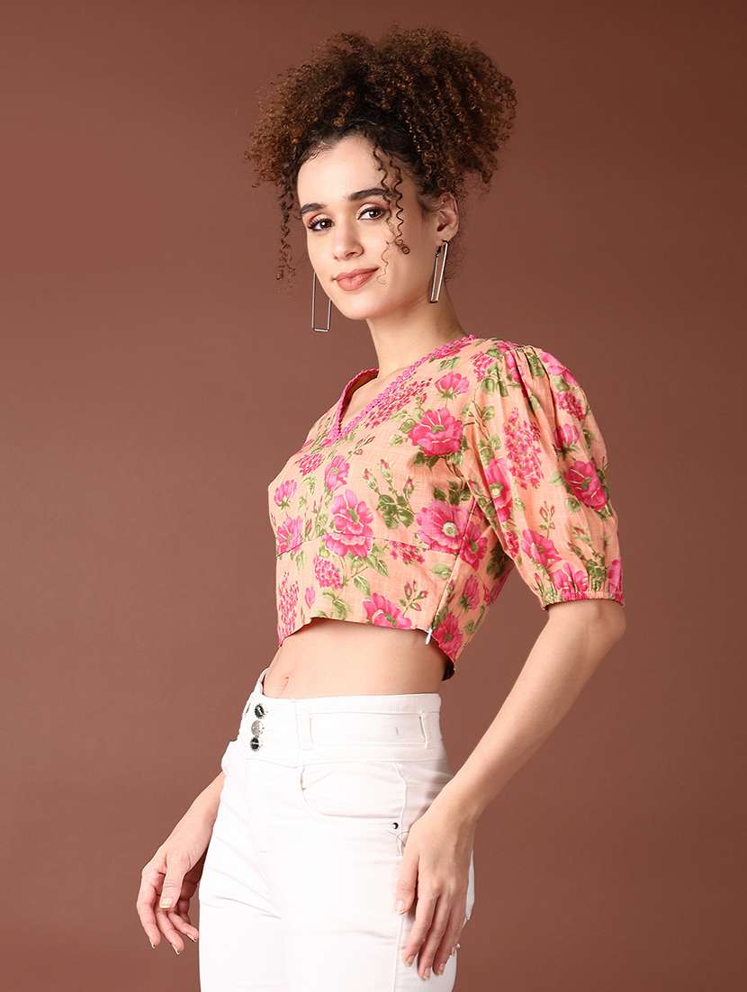 women floral printed puff sleeve crop top - 21561707 -  Standard Image - 2