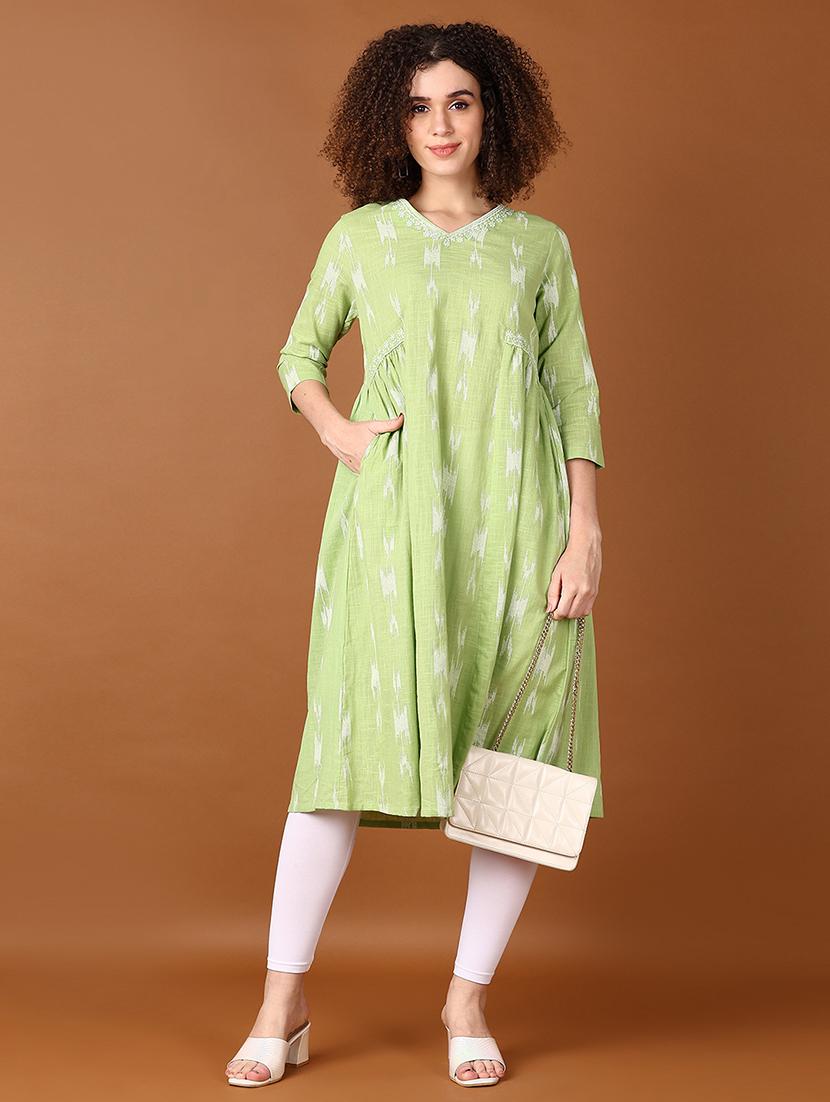 women printed three quarter sleeve a-line kurta