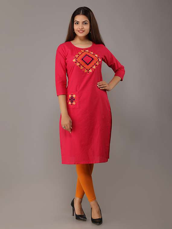 women yoke embroidered round neck straight kurta 